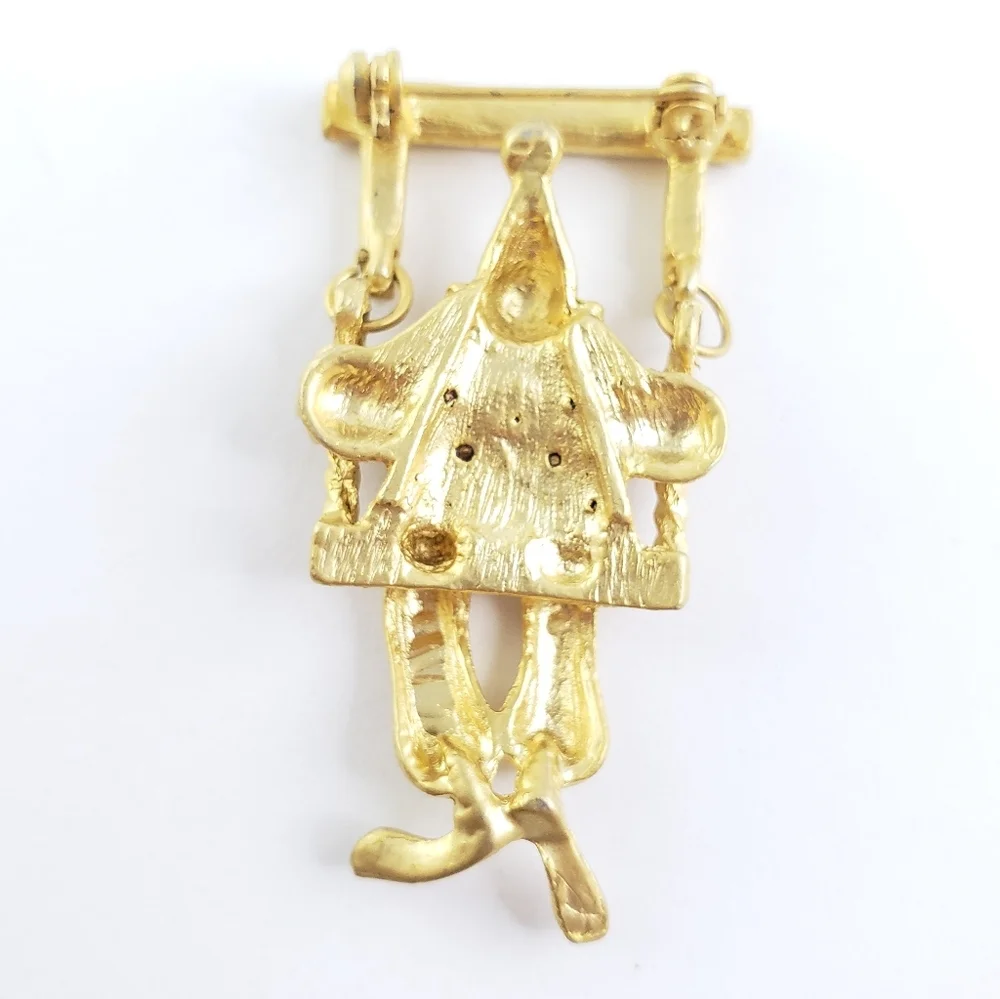Vintage Brooch Clown Pin Gold + Rhinestones